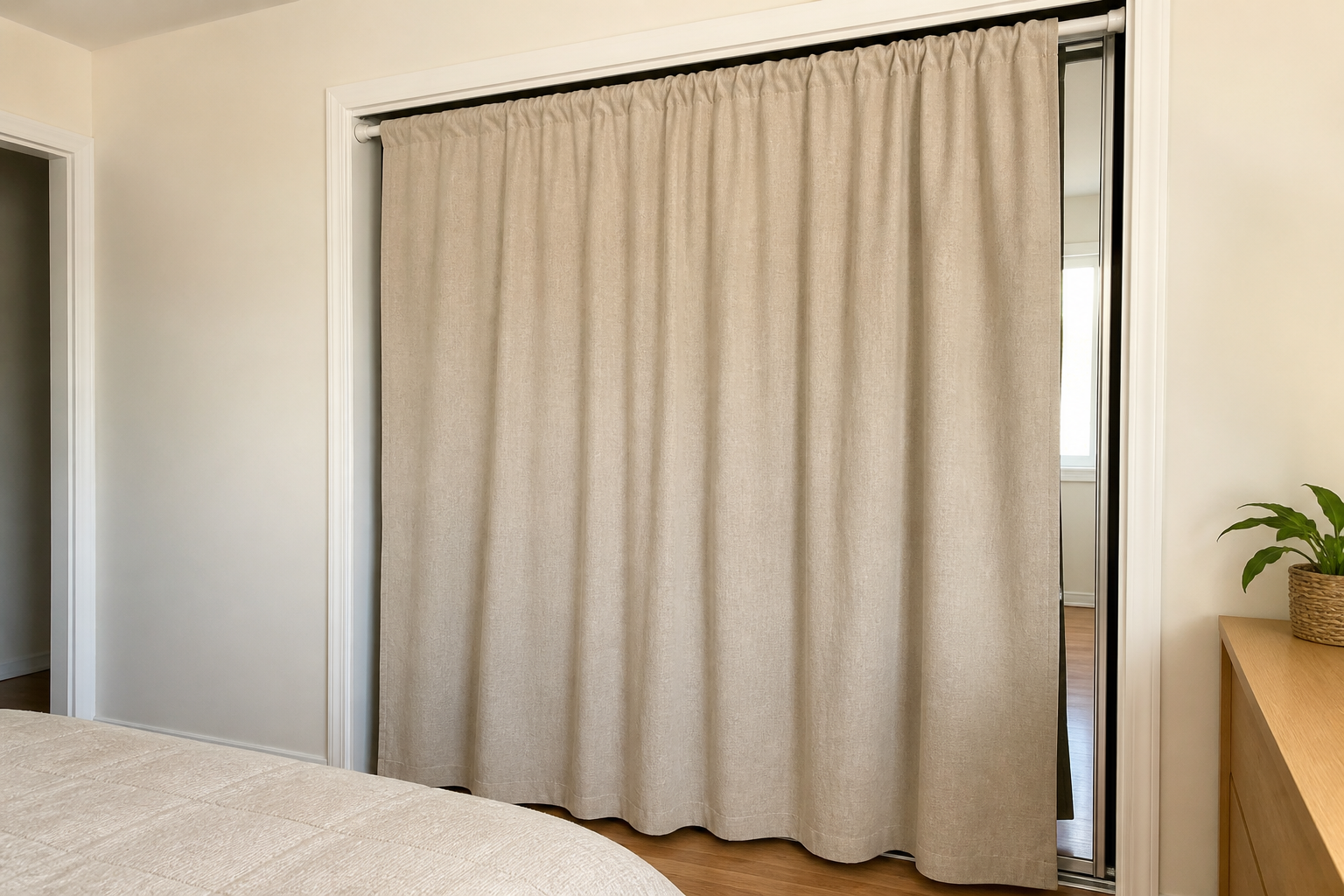 Oatmeal linen curtain on a white tension rod covering a closet, with a strip of mirrored sliding door visible at the edge