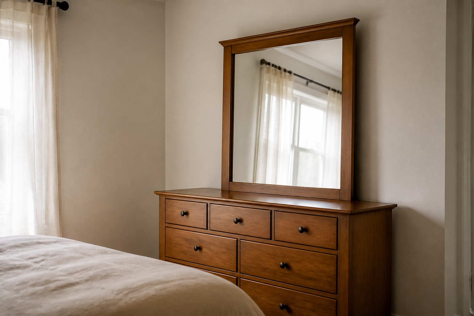 Wooden dresser with a framed mirror reflecting a window with sheer curtains, beige duvet visible at the side