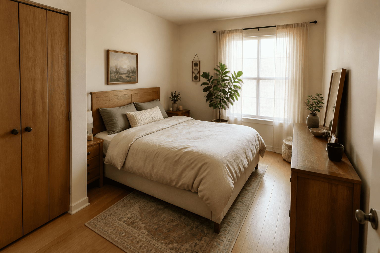Cream rental bedroom with a wood headboard, closed closet, and side dresser, Feng Shui bedroom mirror in daylight
