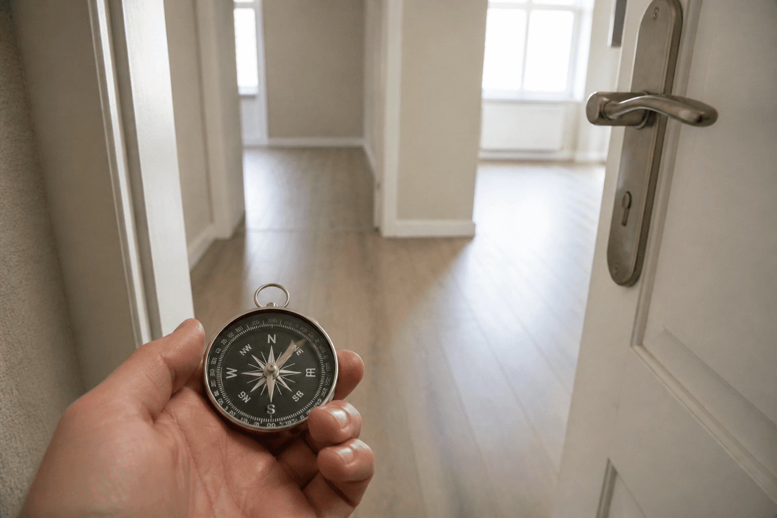 Analog compass on a wood floor just inside a beige apartment door