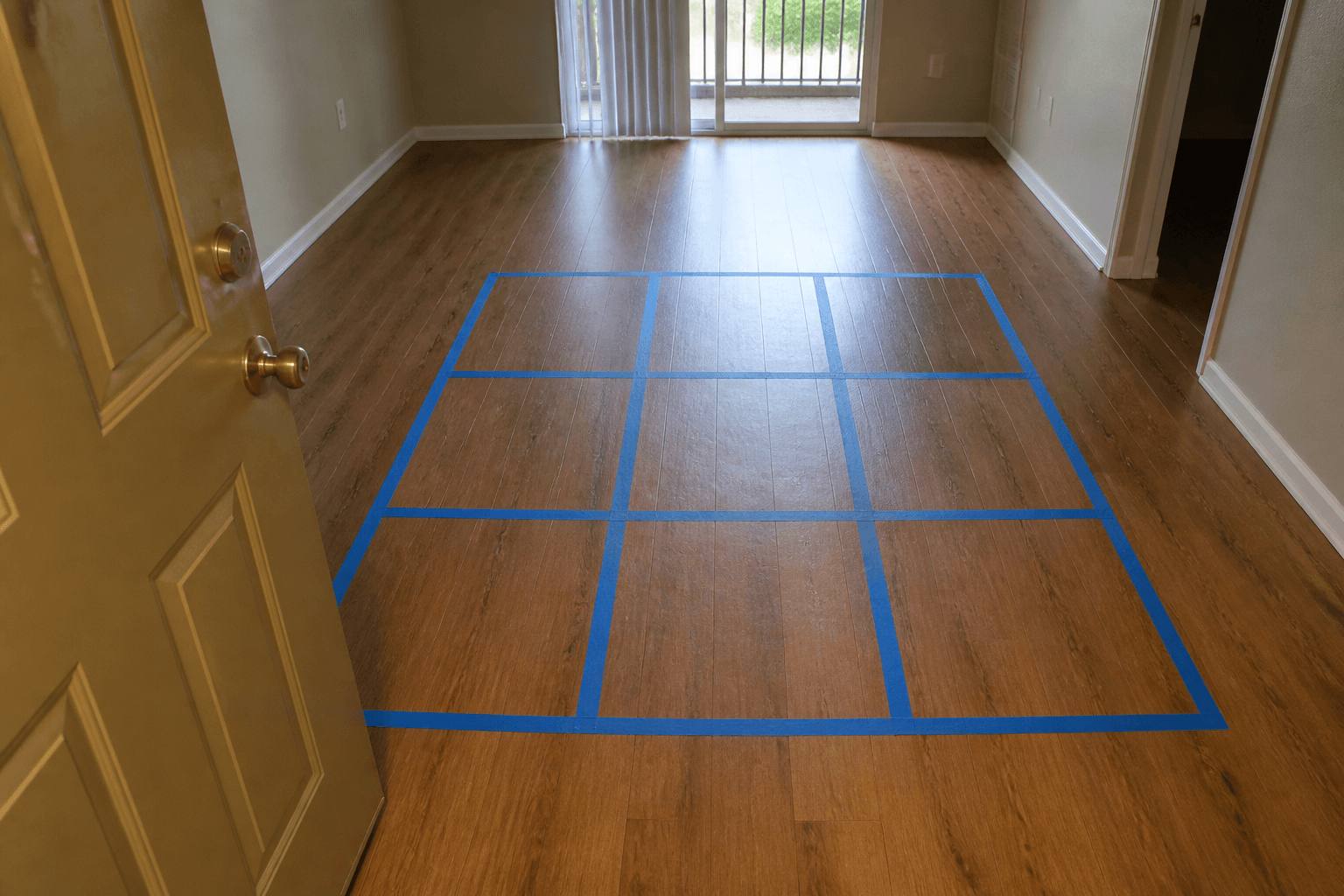 Blue painter tape in a 3x3 on a rental wood floor with the front door at the bottom