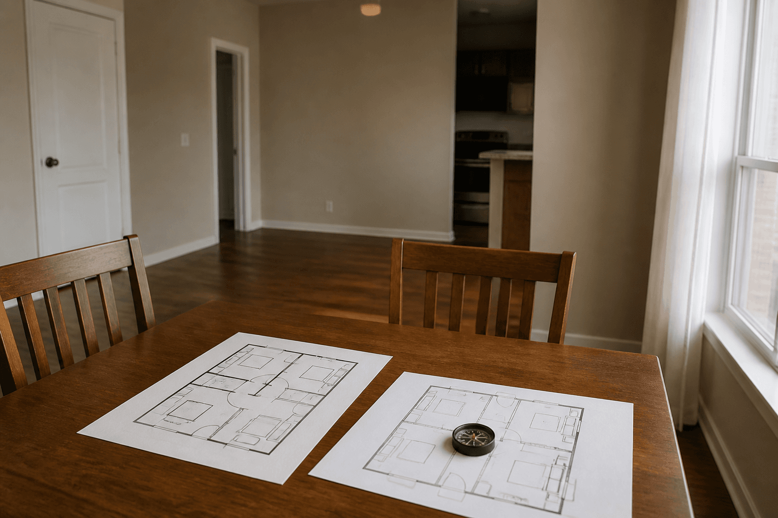 Wood table with two floor plans and a compass in a beige rental, feng shui black hat vs compass bagua