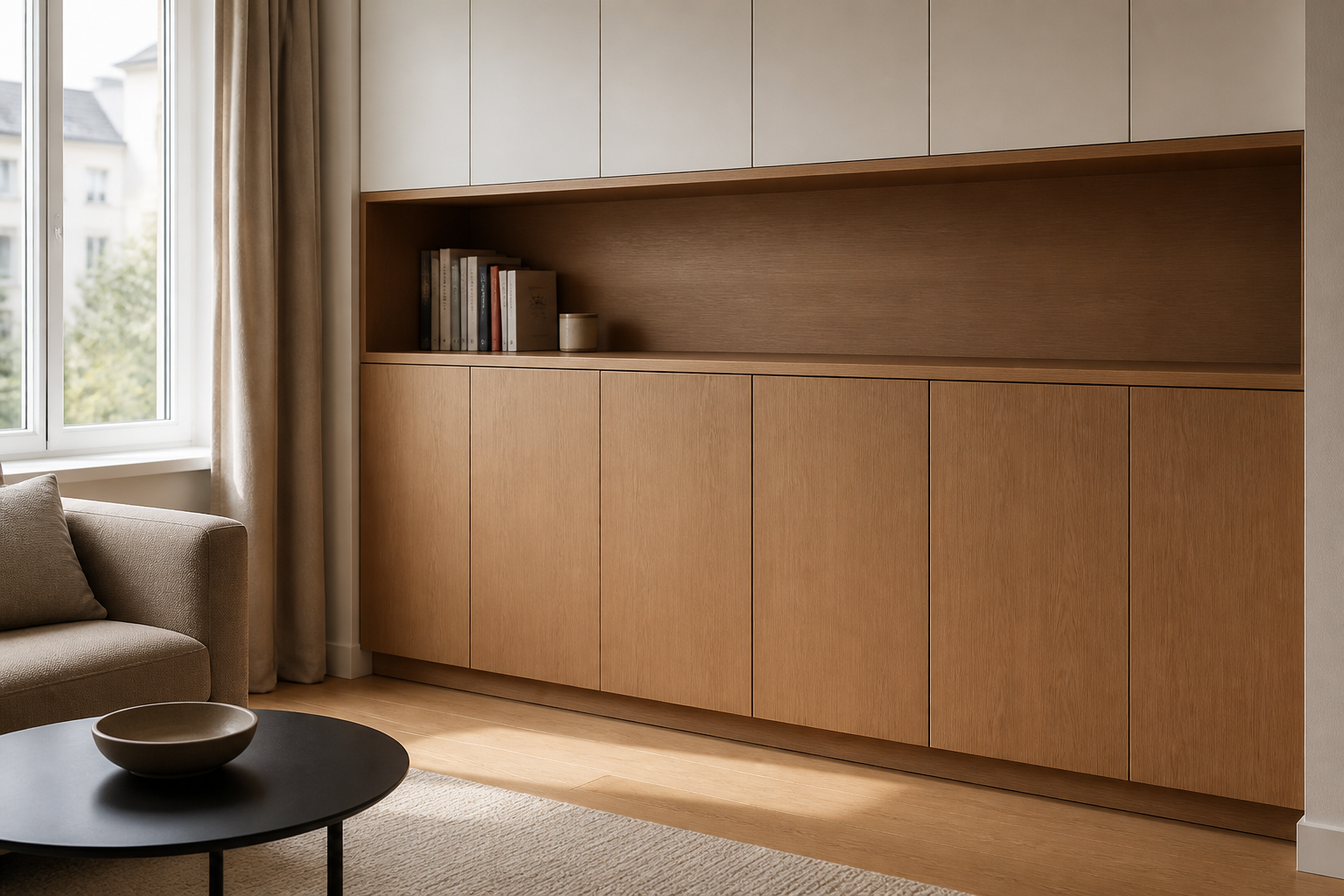 Closed wood cabinet doors on lower shelves with a few books standing on an open upper shelf
