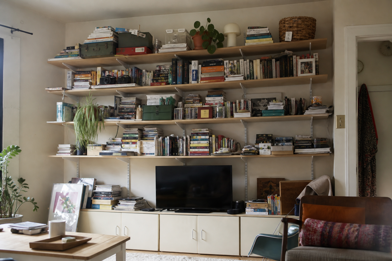 Open wood shelves stuffed with stacked books, boxes, and objects spilling forward