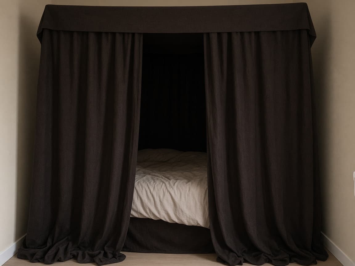 Heavy dark drapes boxing a rental bed into a cave with the door hidden