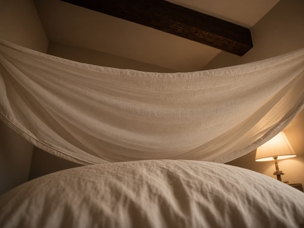 View from oatmeal pillows looking up at light cream cloth with a dark ceiling beam still visible above