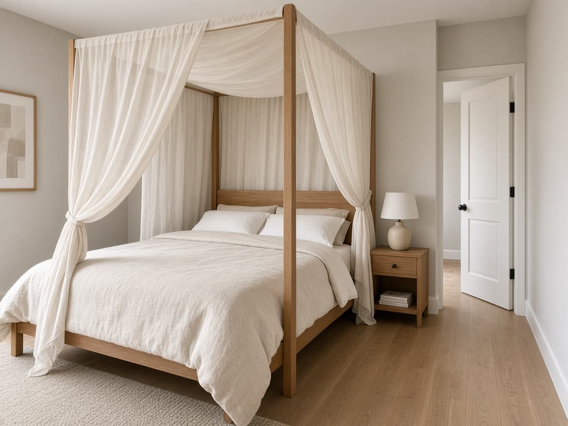 Wood canopy bed with light sheers tied back so a white bedroom door stays in view