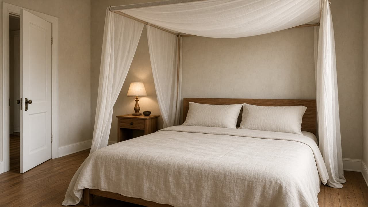Beige rental bedroom, wood bed with light cream canopy, door visible, feng shui canopy bed