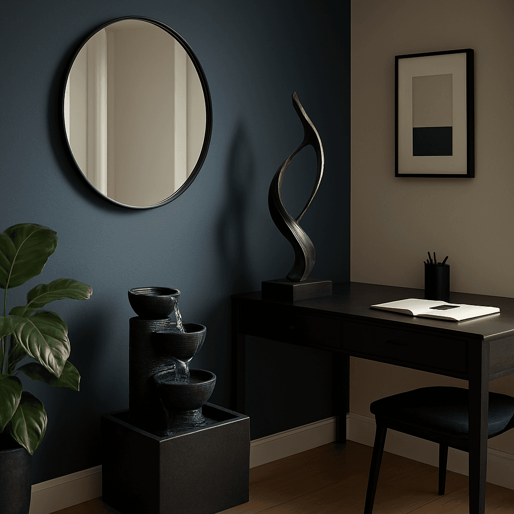 North-wall console with a dark lamp and a closed notebook, Feng Shui career area