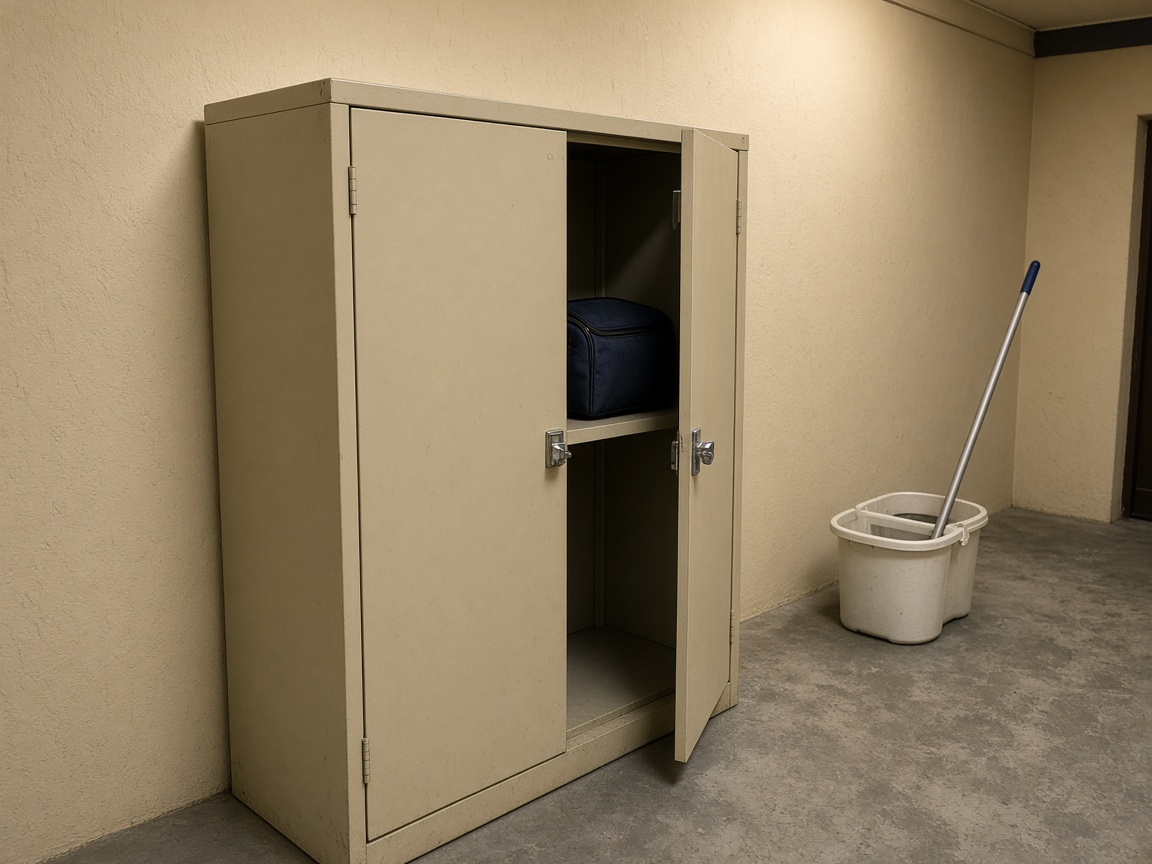 Beige metal stock cabinet with a navy zip bag on a shelf, mop bucket on concrete, beige rental walls
