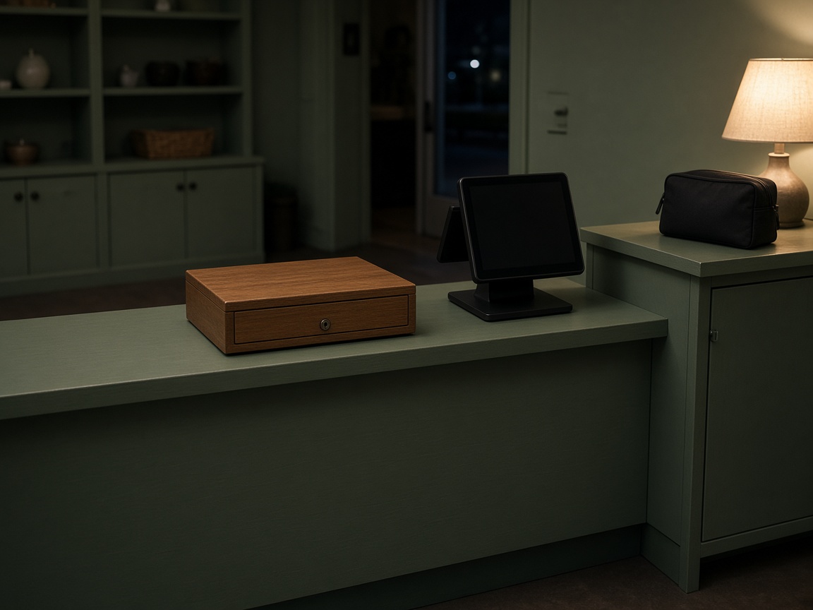 Locked wood drawer and dark POS on a sage checkout, black bag on the side cabinet, lamp on