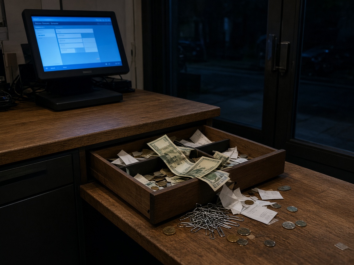 Open wood till spilling bills, coins, receipts, and paperclips, blue POS glowing toward dark street glass