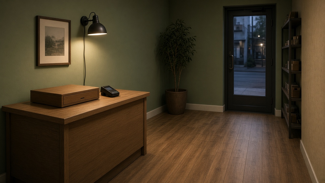 Closed wood cash box on an oak shop desk, sage walls, lamp on, glass street door at night, feng shui cash drawer