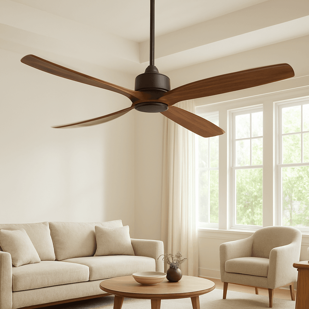 Ceiling fan in a living room, seating not directly under the blades