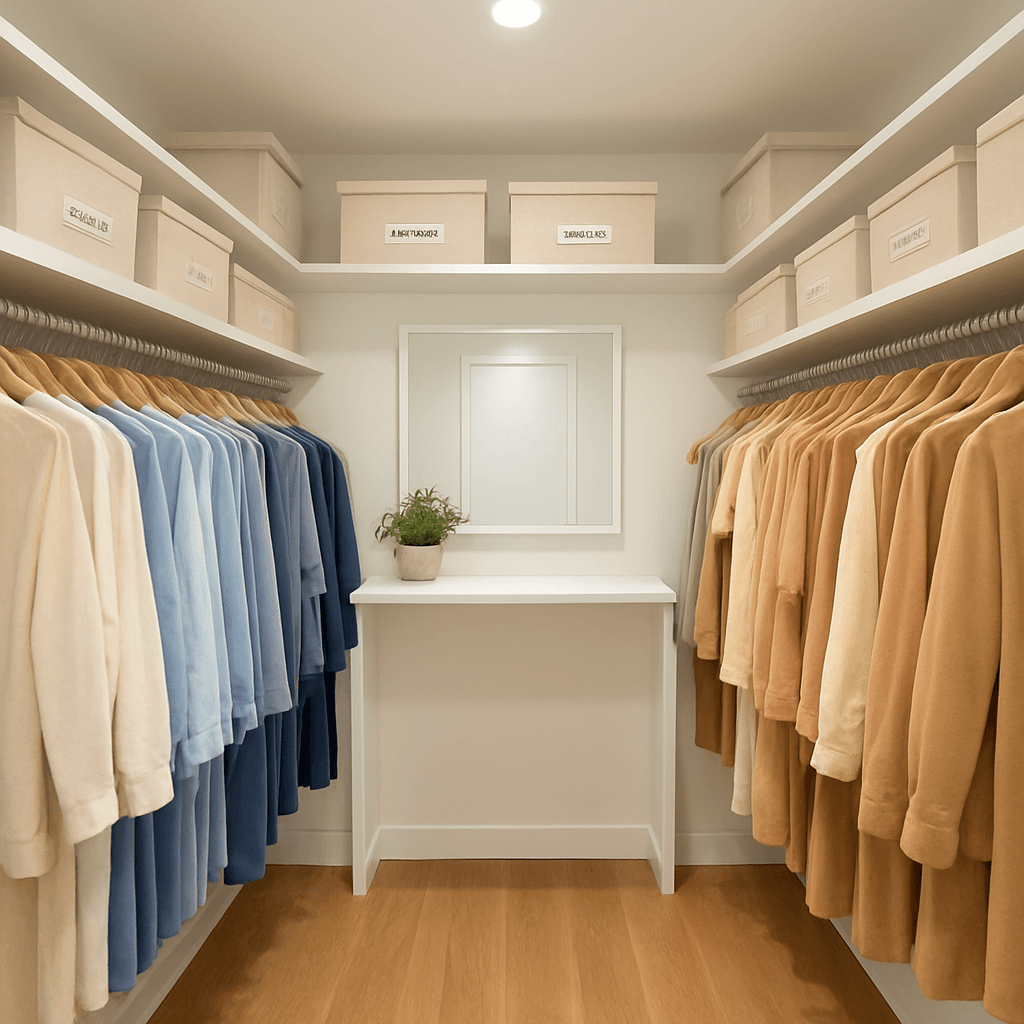 Open rental wardrobe with even hangers and a clear floor, Feng Shui closet