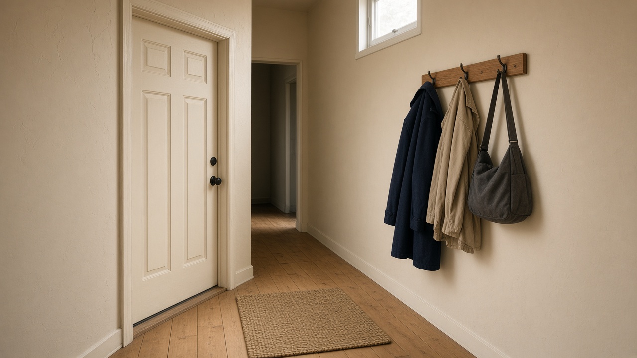 Over-door metal hooks packed with coats and bags so a cream door cannot finish its swing