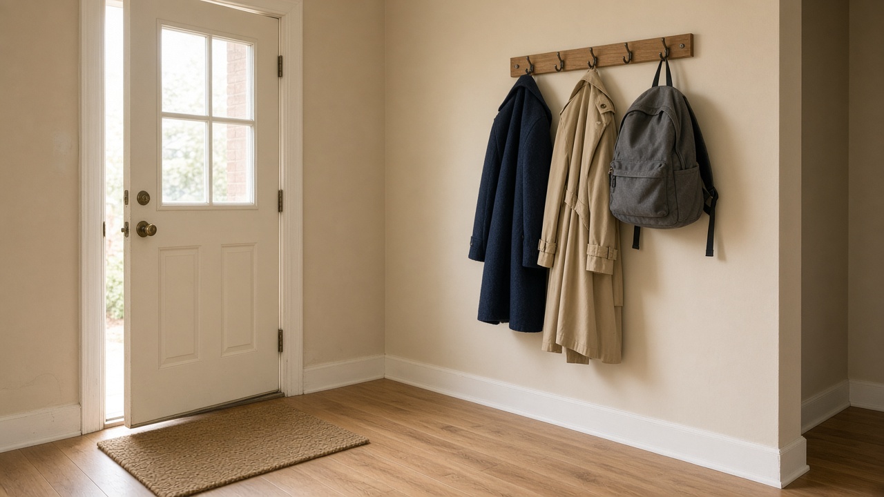 Standing wood coat tree with hanging coats in the middle of a narrow oak rental hall