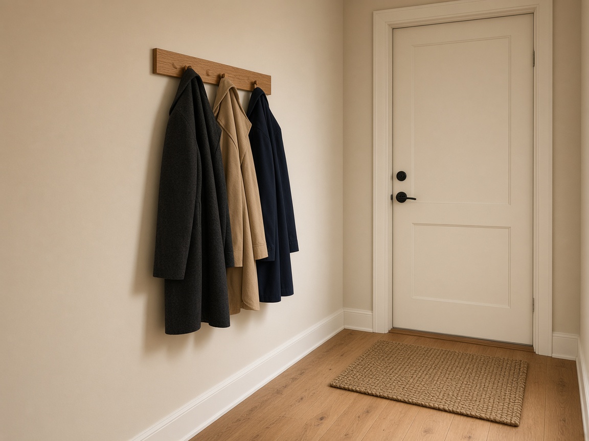 Slim oak wall rail with three coats hugging a beige side wall, empty hall walk in the center