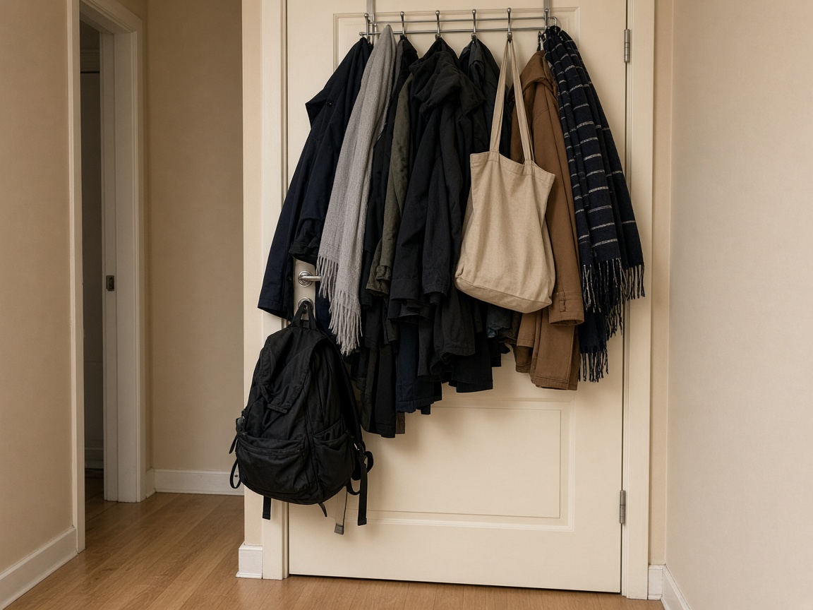 Three coats on a side-wall rail beside a cream rental door, clear oak walk, feng shui coat rack