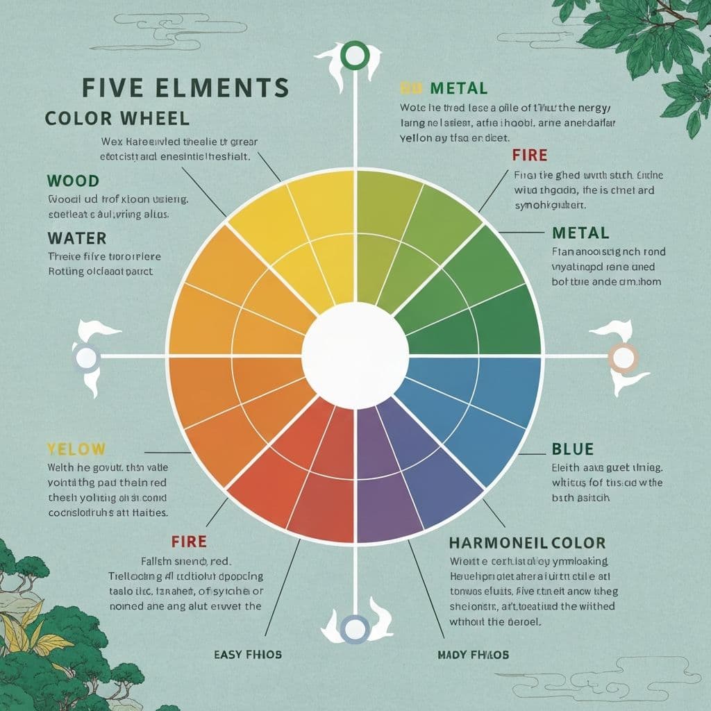 Feng shui color wheel showing five elements and room applications