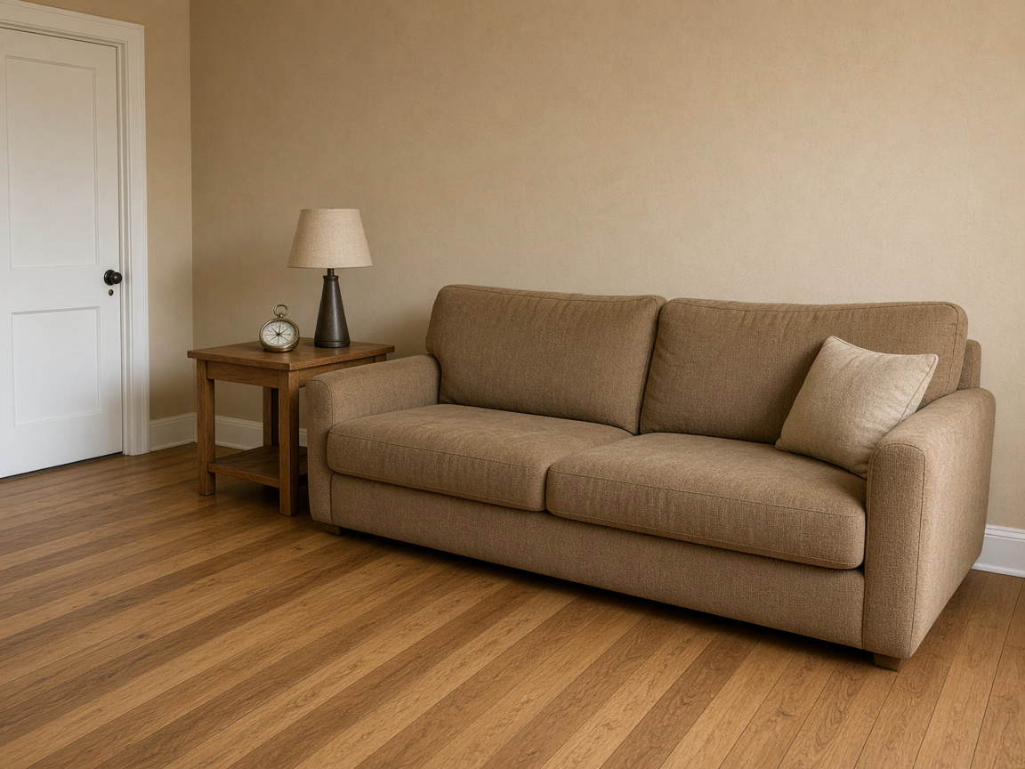 Tan sofa against a beige plaster wall, white door to the left, analog compass unused on a wood side table