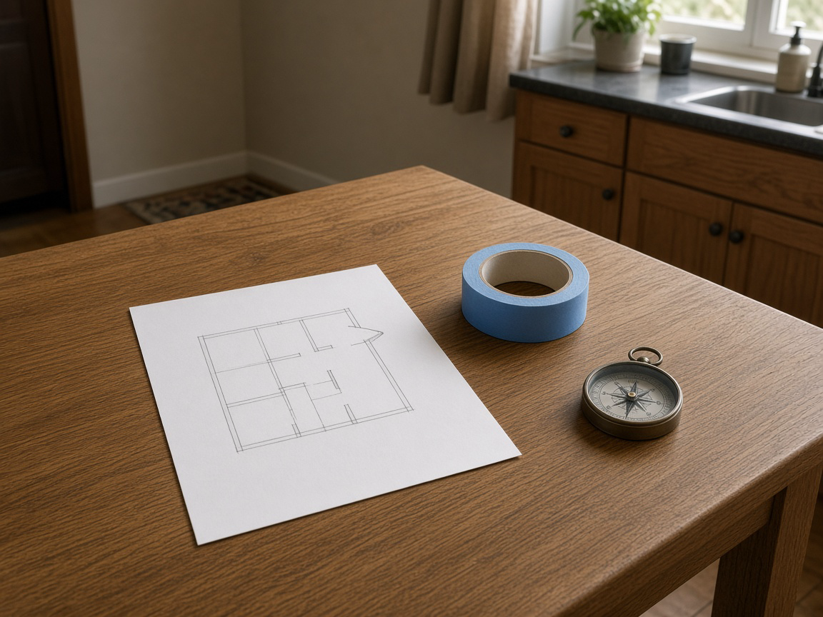 Oak table with a sketched floor plan, blue painter tape, and an analog compass