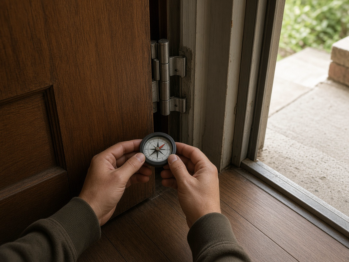 Two hands holding an analog compass near a wood door hinge and metal jamb