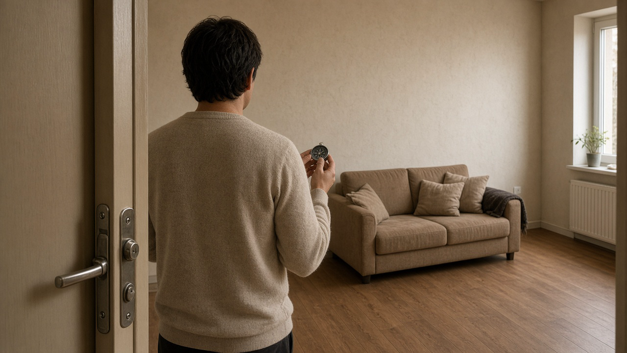 Man in a beige sweater holding a compass at an open rental door, tan sofa on the far wall, feng shui compass school explained