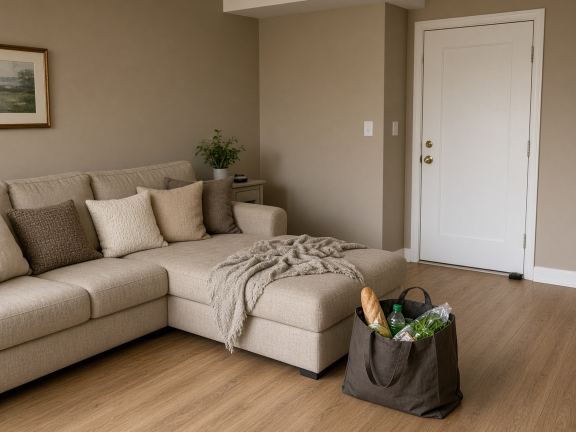 Beige chaise with a knit throw, grocery tote of bread and greens in the walk to a white door