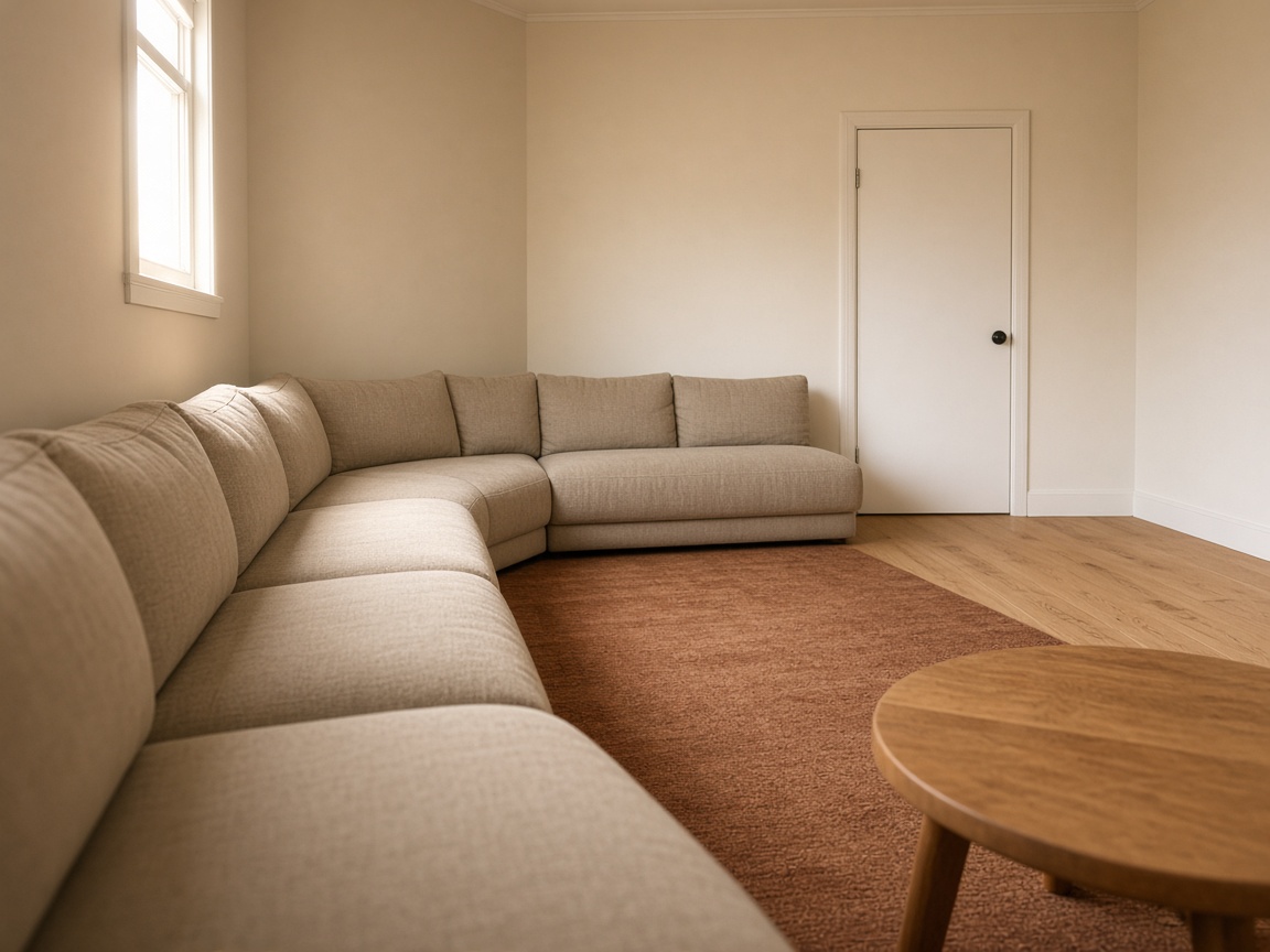 View along a beige L-sofa toward a white door, terracotta rug and round oak table in the foreground
