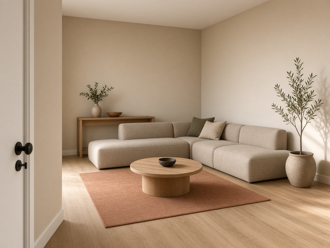 View from a white door into a room with a modular L-sofa tucked in the far corner, oak console and olive plant