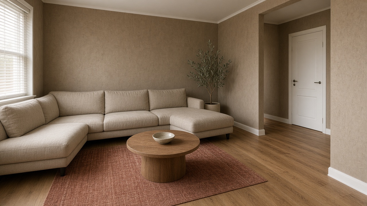 Beige L-sofa on a terracotta rug, round oak table, olive tree, white door in the alcove, feng shui corner sofa