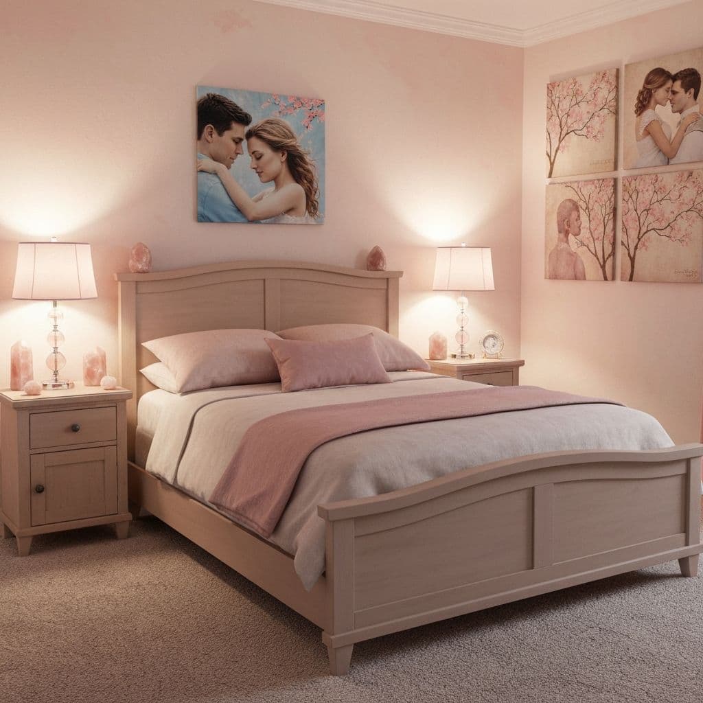 Balanced couples bedroom with matching bedside tables and paired elements