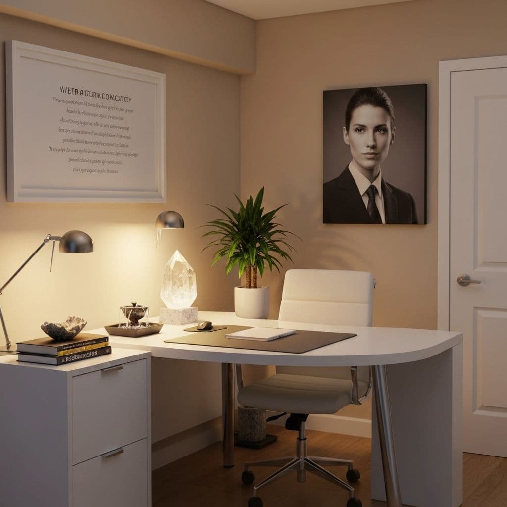 Desk angled to the door with a solid wall behind the chair, Feng Shui desk position