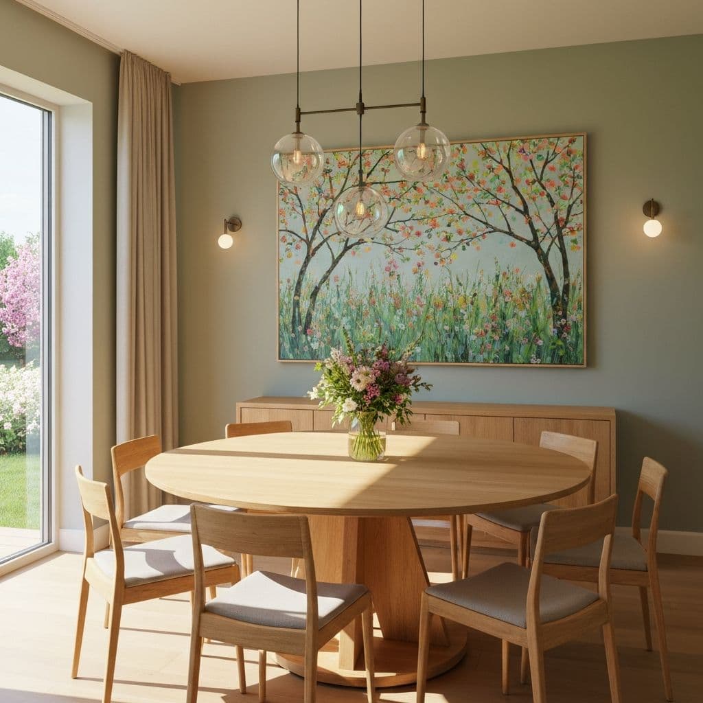 Round rental dining table with even seats and the kitchen door in view