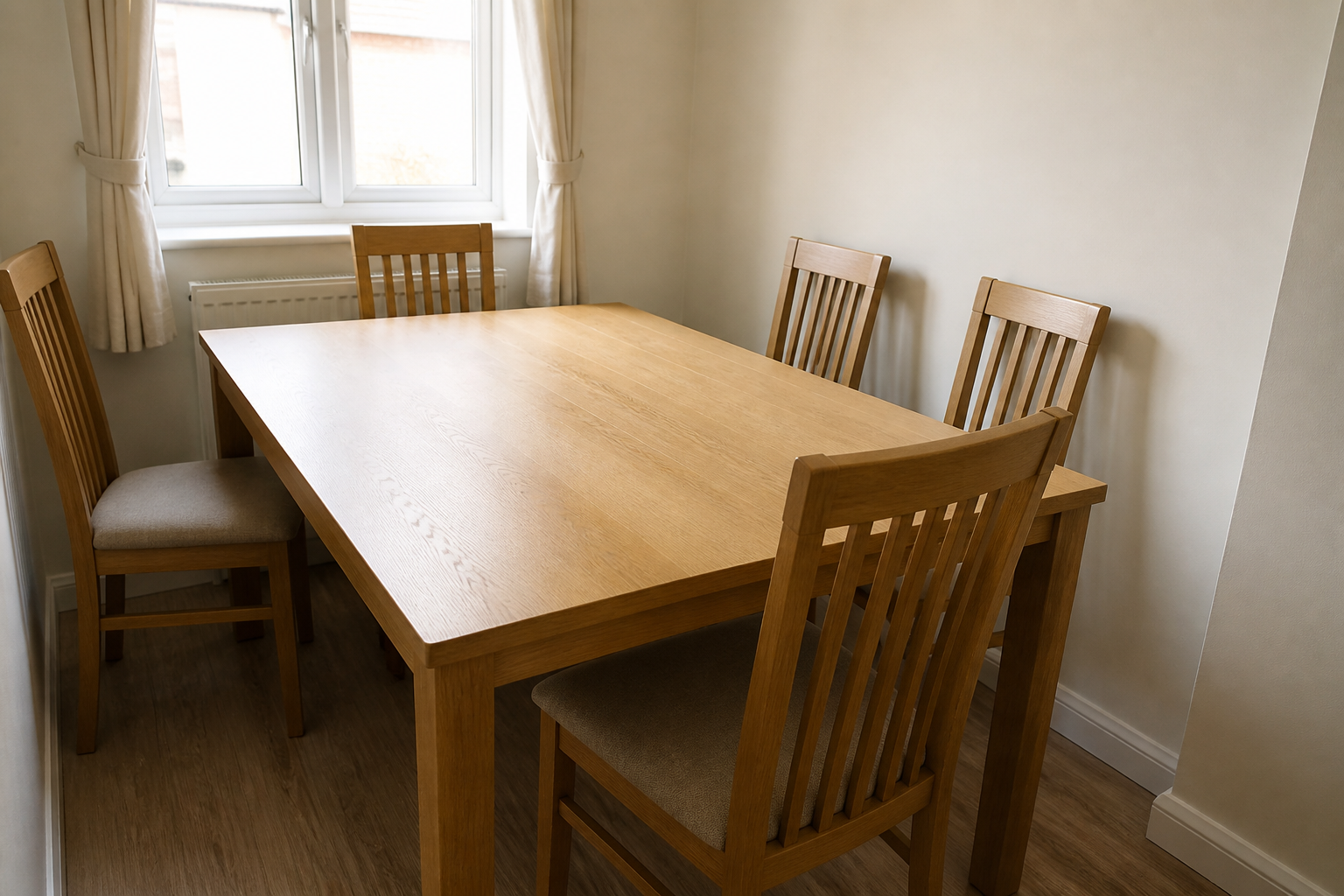 Rectangular oak dining table with sharp corners and chairs tight to the walls