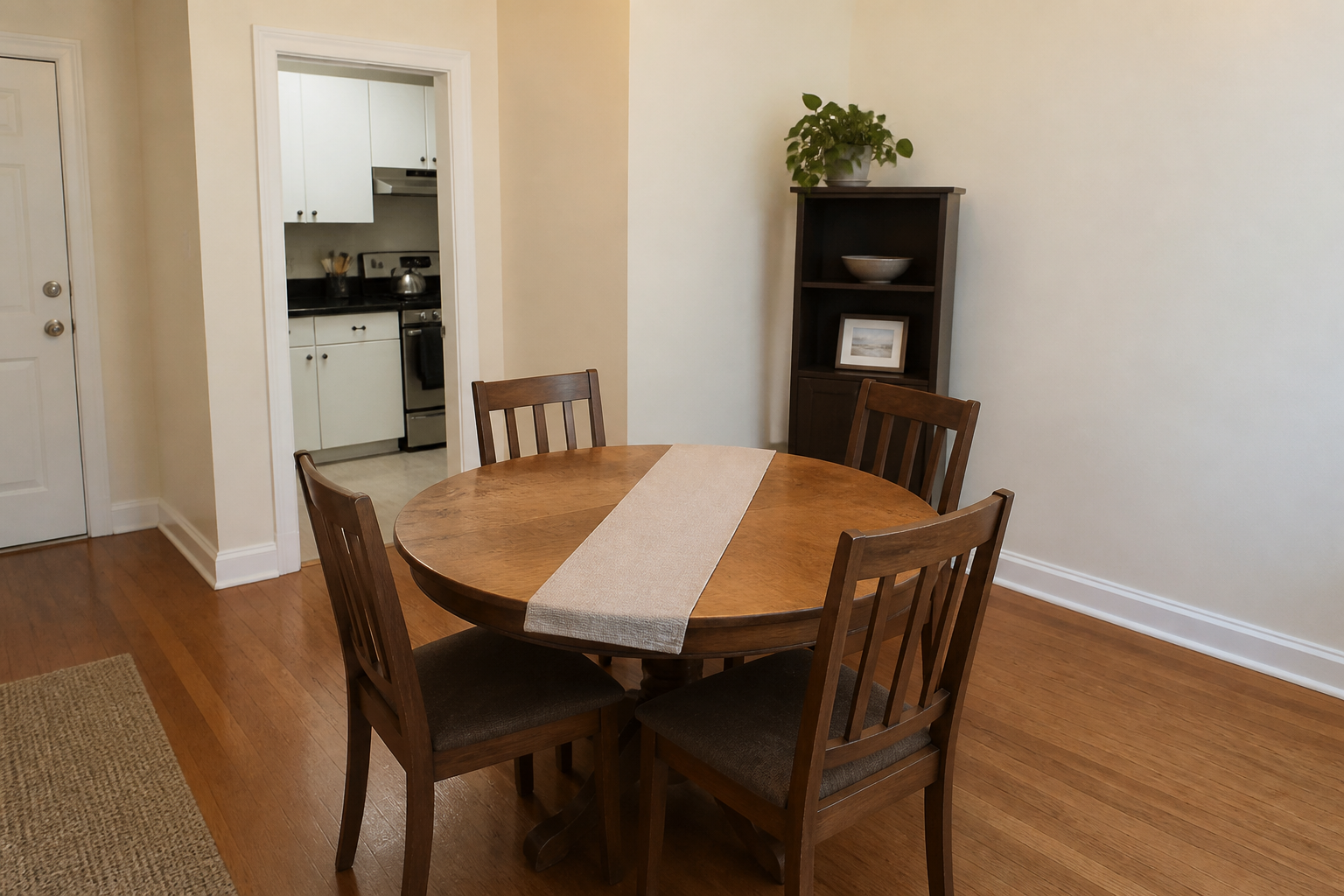 Round oak table with four chairs and a clear walk toward the kitchen
