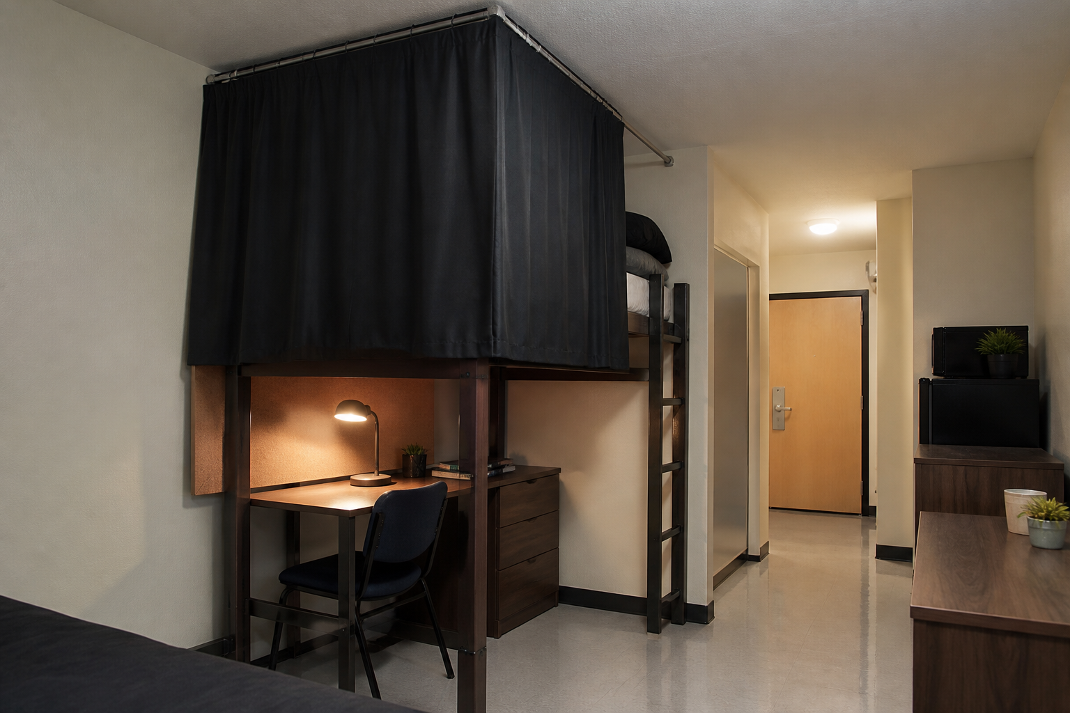 Loft bed with a tension-rod curtain and a clear vinyl walk for the roommate