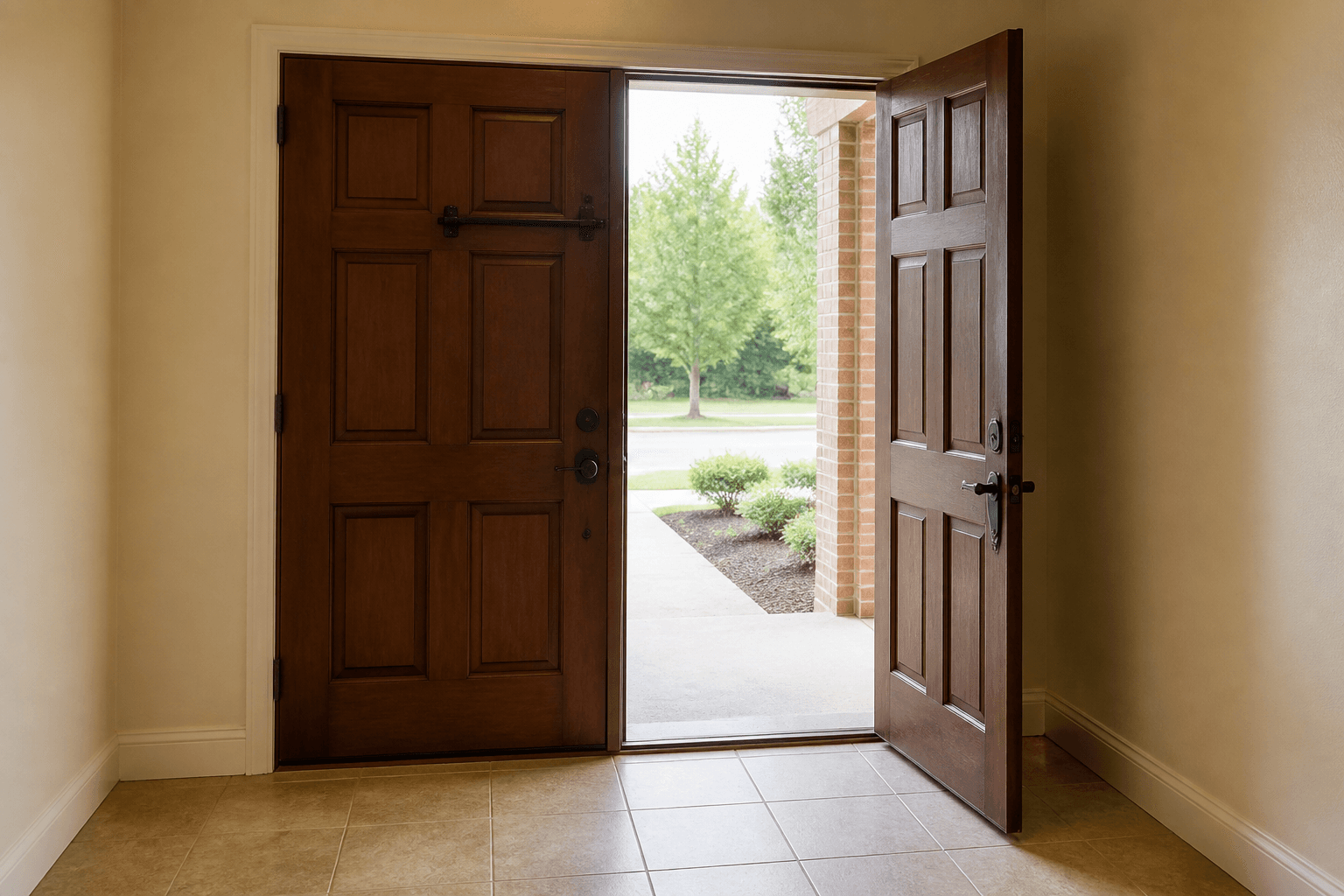 Interior view of double doors with a slide bolt on the closed leaf