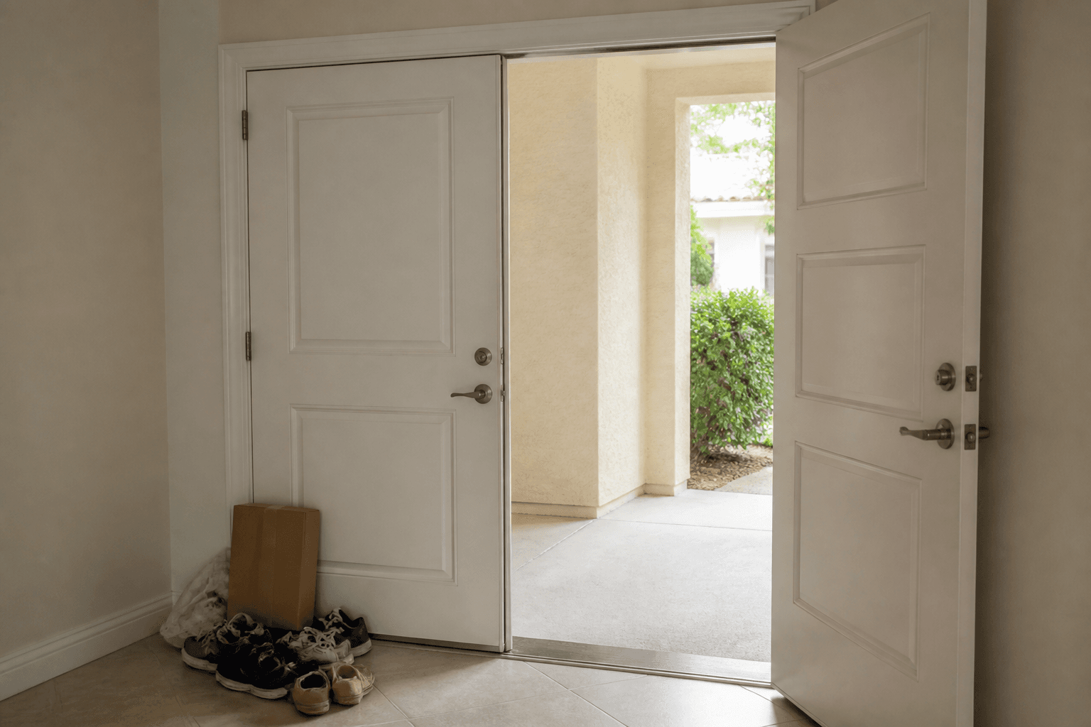 Shoes and a package stacked against the unused double-door leaf