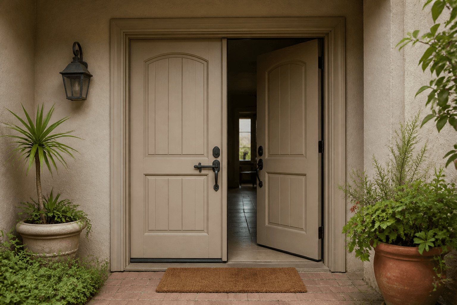 Beige double front doors with the right leaf open, feng shui double front doors