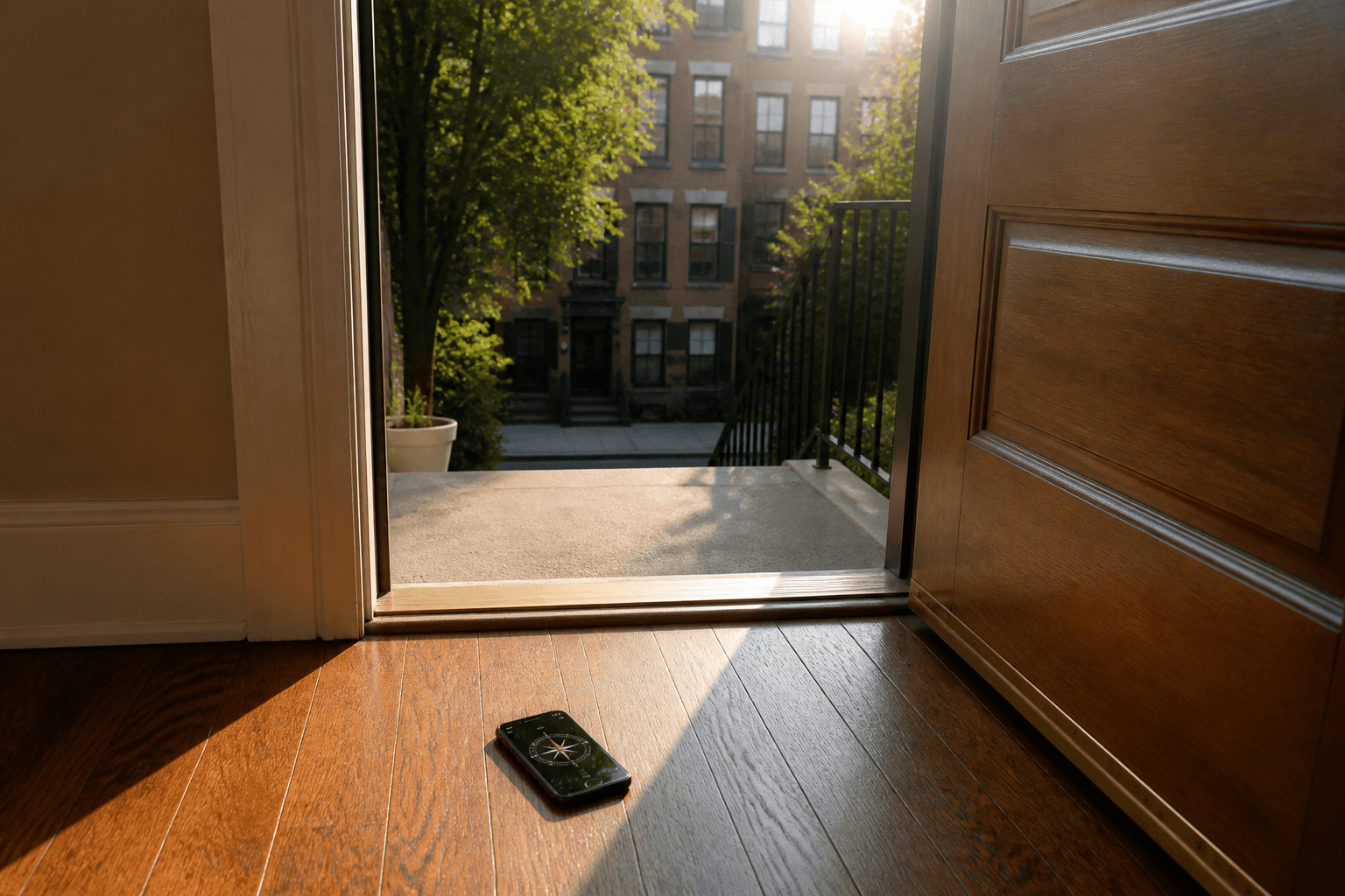 Looking out an open apartment door in morning sun with a phone compass on the wood threshold