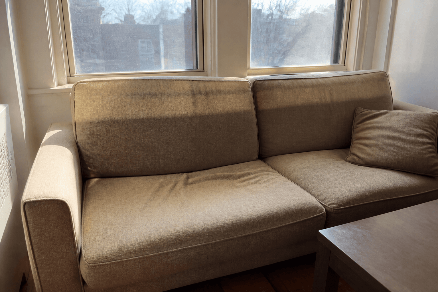 Beige sofa with a sun-faded stripe, back shoved against a bright east window