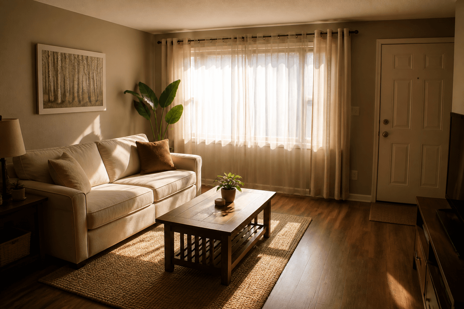 Morning sun through sheers on a beige sofa pulled off the glass in a rental living room, feng shui east-facing house
