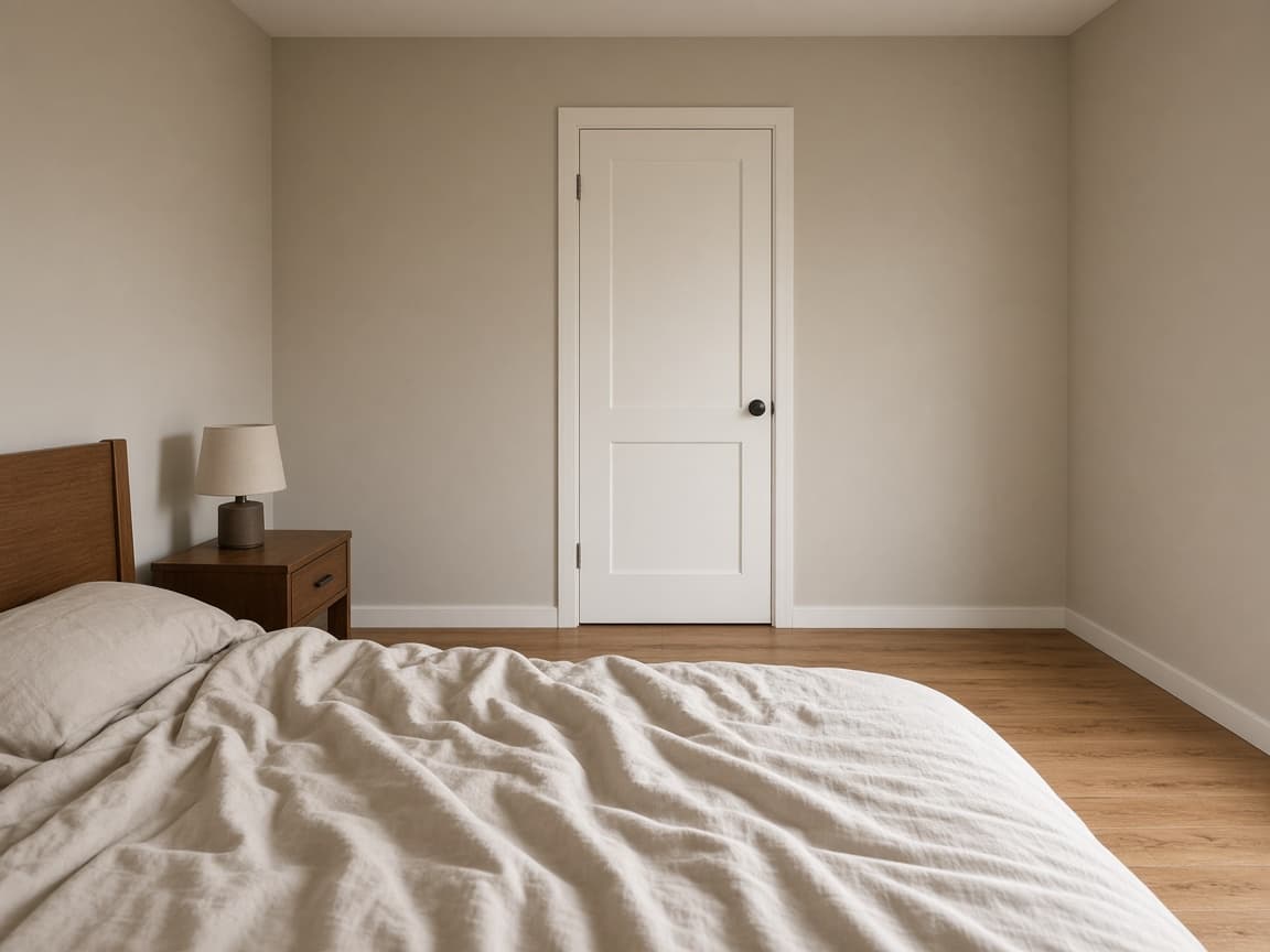 View from a rumpled beige duvet toward a fully closed white ensuite door on a wood floor