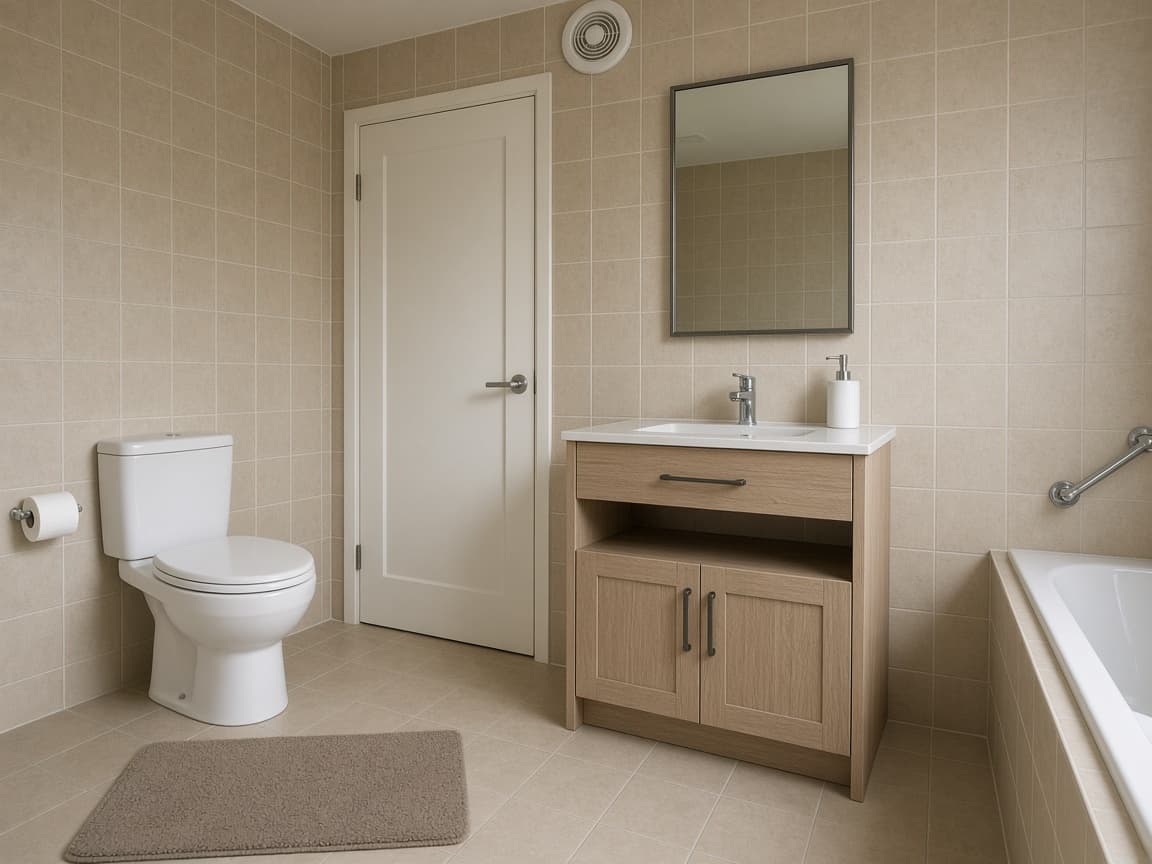 Small beige-tile ensuite with a closed toilet lid, wood vanity, ceiling fan grille, and bath mat