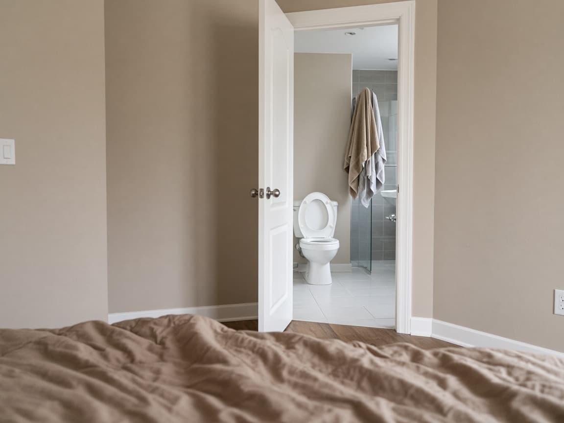 Open ensuite doorway from the bed showing a toilet with the lid up and hanging towels