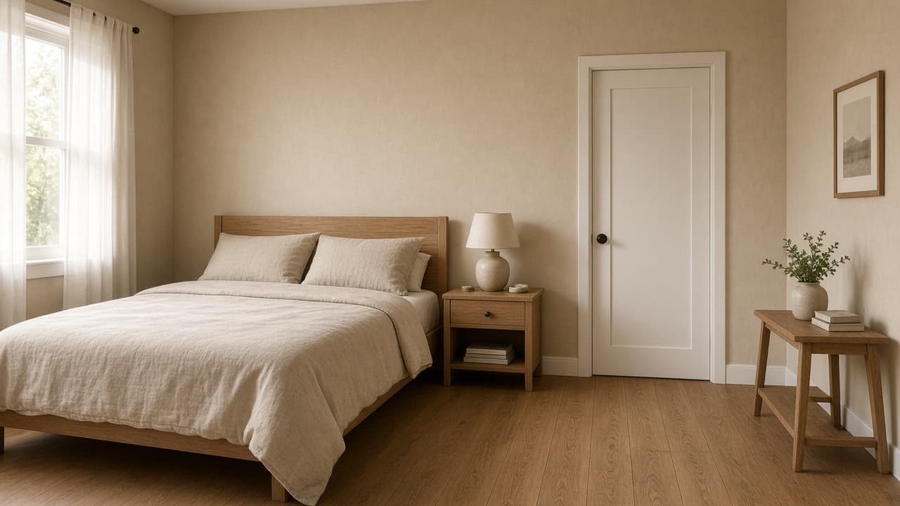 Beige rental bedroom with a made linen bed, closed white ensuite door, and a wood bench, feng shui ensuite bathroom