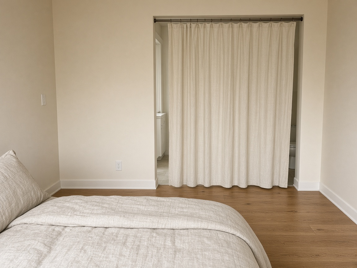 Cream linen curtain on a rod across an ensuite opening, with a gap still showing the toilet from the bed