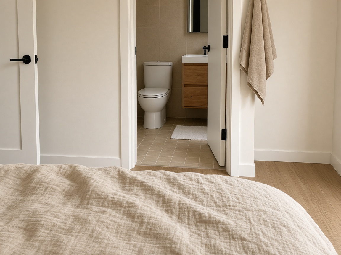 View from a rumpled beige duvet toward an open ensuite showing a closed-lid toilet and a wood vanity
